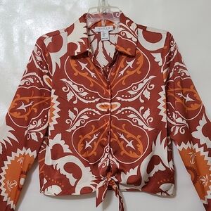 Rachel Zoe Women's Red and‎ Orange Patterned Waist Tie Blouse - Size Small